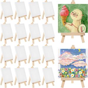 16 Pack Mini Canvas and Easel Set for Painting, 4 x 4 Inch Canvas Panels with 6 Inch Wooden Easels for Oil Acrylic Painting, Birthday Party Favors Back to School Class Gift for Student