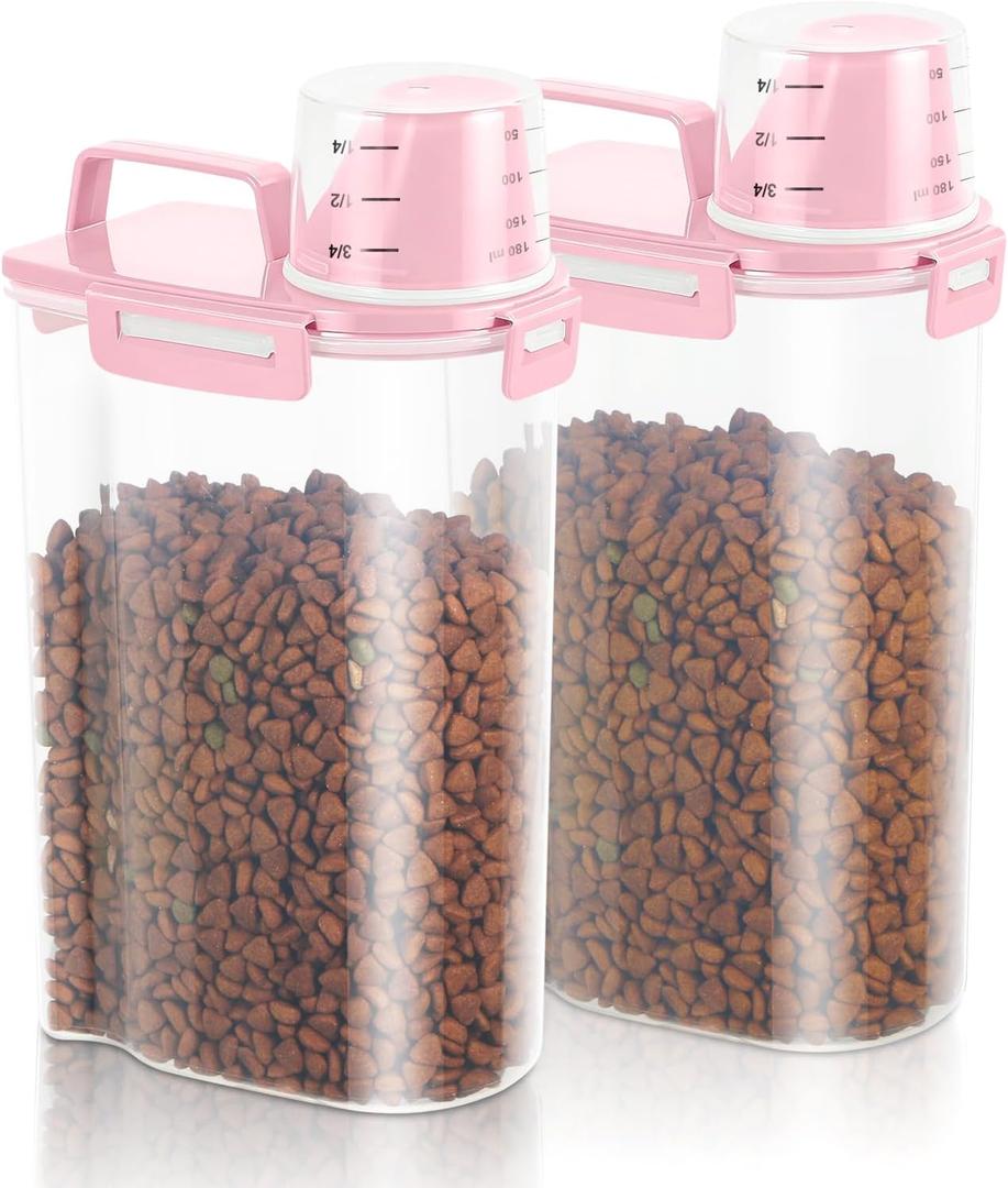 TBMAXS 2 Pack 3 Lbs Dog Cat Food Storage Containers for Travel, Portable Pet Food Storage Container, Easy-Pouring Bird Seed Dispenser, Airtight Rice Cereal Oatmeal Flour Holder -Pink