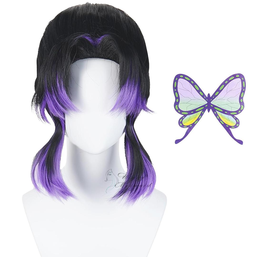Wiggy Mermaid Black Purple Wig for Kochou Shinobu Cosplay Wig with Hairclip | Long Black Ombre Purple Synthetic Hair Wig for Women DS Halloween Costume Cosplay with Butterfly Hairclip