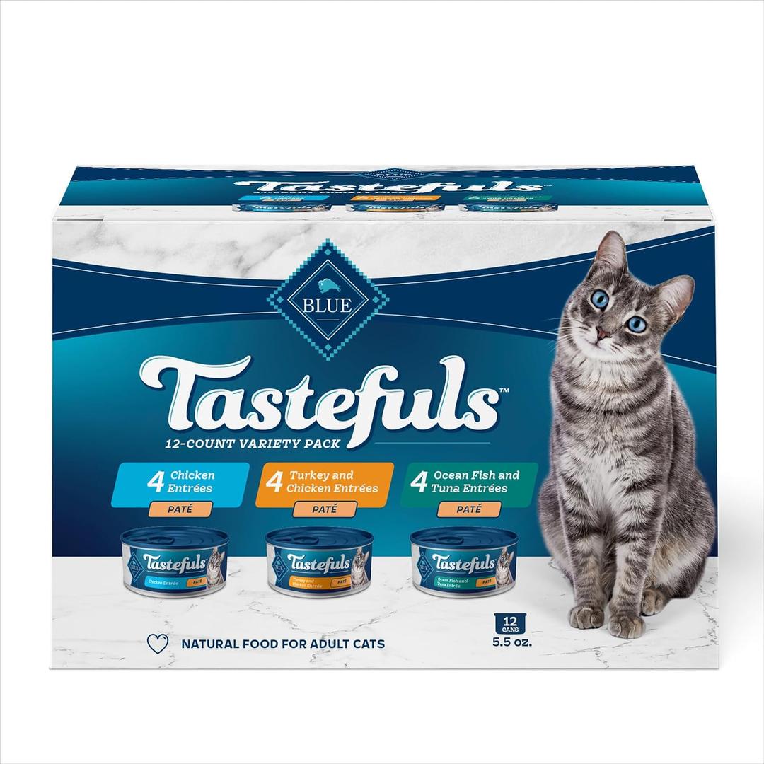 Blue Buffalo Tastefuls Wet Cat Food Pat Variety Pack Chicken Turkey & Chicken Ocean Fish & Tuna, 5.5 oz. Cans (12 Count) (EXP 08/03/28)