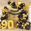 114pcs 90th Birthday Decorations for Men, 90th Birthday Decorations with 90th Birthday Banner Black Gold Confetti Birthday Balloons for 90 Year Old Birthday Decorations
