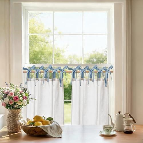 jinchan Linen Tie Top Curtains 24 Inch Length Farmhouse Cafe Curtains Set of 2 for Bedroom Bathroom Rustic Small Windows Light Filtering White Panels with Blue Ties