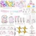 289 Pcs Unicorn Birthday Decorations, Worry-Free One-Stop Set Serves 25 Guests, with Laser Banner, Backdrop, Thick Plates and Cake Stand, Easy Setup for Unicorn Party Decorations