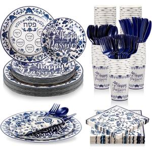 FillTouch 168 Pcs Passover Party Goods Supplies for 24 Guests, Include Paper Plates Cups Napkins Plastic Knives Forks Spoons Seder Tableware Set for Passover Family Party (Embroidered)