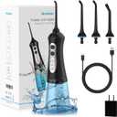 Cordless Water Flosser Teeth Cleaner, Nicefeel 300ML Portable and Rechargeable Oral Irrigator for Travel, IPX7 Waterproof, 3-Mode Water Flossing with 4 Jet Tips for Family (Blue Black)