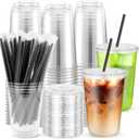 50PCS 16 oz Round Bottom Plastic Cups with Lids and Black Straws, Clear To Go Iced Coffee Smoothie Juice Cups, Disposable Cold Drink Bubble Tea Party Cups for Catering, Christmas, Birthdays, Takeout