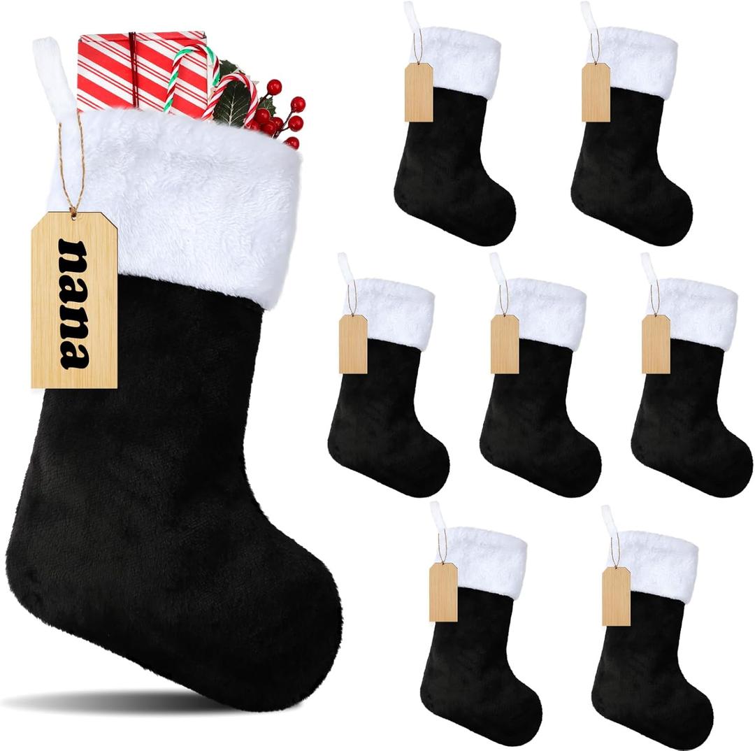 8 Set 18 Inch Black Christmas Stocking Personalized Name Tags Thick Plush Fabric Hanging Stockings Unfinished Wood Tags for Xmas Holiday Party Tree Fireplace (Black, White)