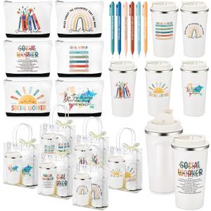 Newtay 24 Pcs/ 6 Sets Social Worker Graduation Gifts Insulated Coffee Mugs with Lids 17oz Makeup Bags PVC Tote with Pens for Social Work Graduation Gift for Bsw Msw Dsw