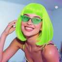 Lime Green Bob Wigs Colorful 3 Pcs Funny Wigs for Women Neon Green Costume Party Wig for St Patrick'S Day Short Neon Green Wig Cosplay Outfit Halloween Party +Sunglasses+Hair Cap