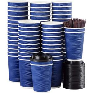 Kindpack Disposable Coffee Cups with Lids and Straws 12 oz (90 Set) - Hot Paper Coffee Togo Cup with Lid To Go for Hot/Cold Beverages Espresso Tea Water Insulated Reusable Durable Drinks Ripple Cups
