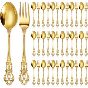 Dandat 40 Pcs Gold Forks and Spoons Silverware Set, Stainless Steel Flatware Cutlery 8-inch Utensil for Wedding, Party, Home, Dinners, Kitchen and Restaurant, Mirror Polished, Dishwasher Safe(Retro)