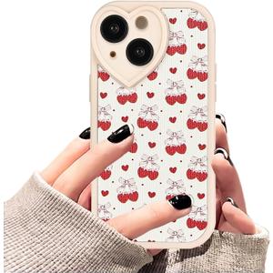 Compatible with iPhone 15 Bows Strawberry Case,Cute Heart Lens Frame,Luxury Shockproof Protection iPhone 15 Creamy-White TPU Case for Women Girls (Red)