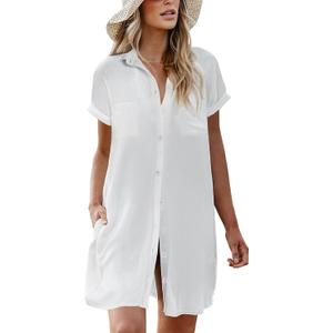 AI'MAGE Womens Bathing Suit Cover Ups Summer Shirt Dress Casual Short Sleeve Button Down Beach Shirts with Pockets XXL (White)