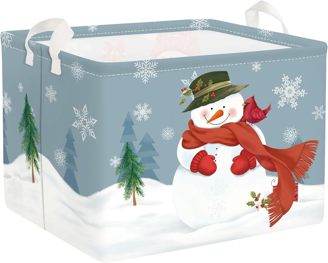 Clastyle Rectangular Snowman Christmas Basket Large Blue Winter Snowflake Shelf Basket Clothes Toy Book Gift Nursery Basket Collapsible Wrap Ornament Storage
