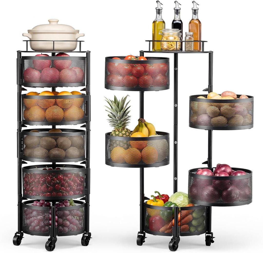VEVOR Rotating Storage Rack Cart, 5 Tier Fruit and Vegetable Basket Bowls, Heavy Duty Wire Basket Organizer on Wheels, Large Capacity Stand with Metal Top Lid, for Kitchen Bathroom Nursery, Black, 13.4 x 12.4 x 37.2 in