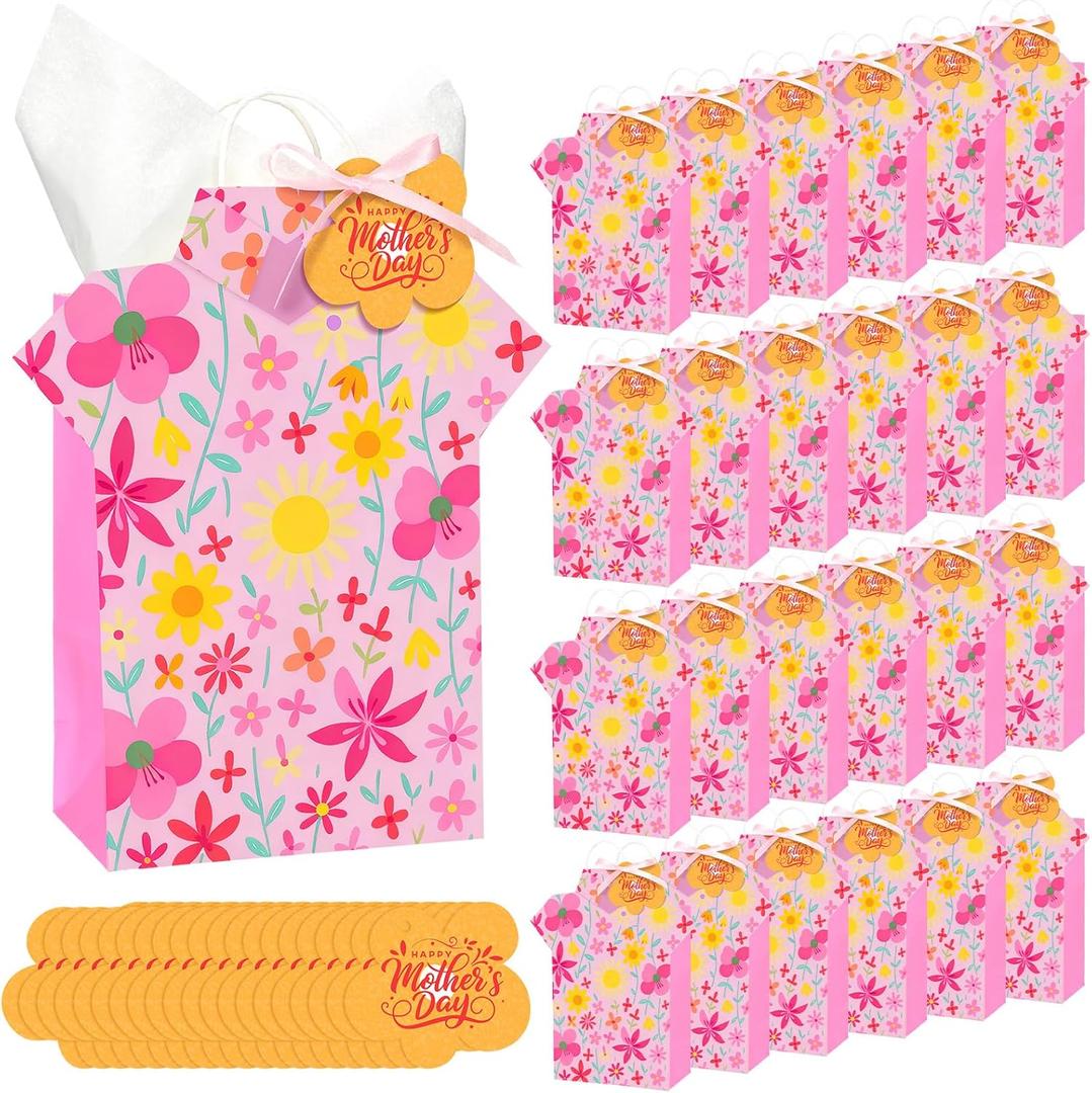 Kolldenn 24 Pcs Mother's Day Gift Bags with Tissue, Floral Happy Mothers Day Treat Bags with Handle for Mom's Birthday Gift Wrapping Supplies for Mother Party Decorations