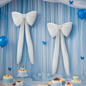 White Bow Birthday Decorations Coquette Party Backdrop 2 Pcs Big Bow Themed Wall Decor for Room Large Door Bows Ormanents Giant Wedding Bachelorette Baby Shower Bridal Christmas Tree Decoration