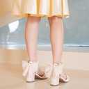 LAURMOSA Girls High Heels with Bow on Back Girls Sandals Open Toe Ankle Buckle Strap Dress Shoes for Little Big Kids Wedding Party (Beige), Size: 1 Big Kid