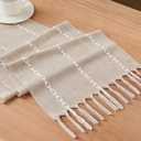 Braided Farmhouse Table Runner,Braided Taupe 13x108 Inch, Cotton Linen Table Runners 108 Inches Long, Embroidered Striped Taupe Boho Table Runner Rustic Home Decor
