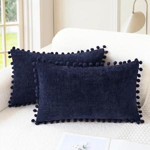 CaliTime Throw Pillow Covers Decorative 20 X 12 Inches Pack of 2 Cozy Solid Dyed Soft Chenille Cushion Cases with Pom Poms for Couch Sofa Bed Living Room Home Navy Blue