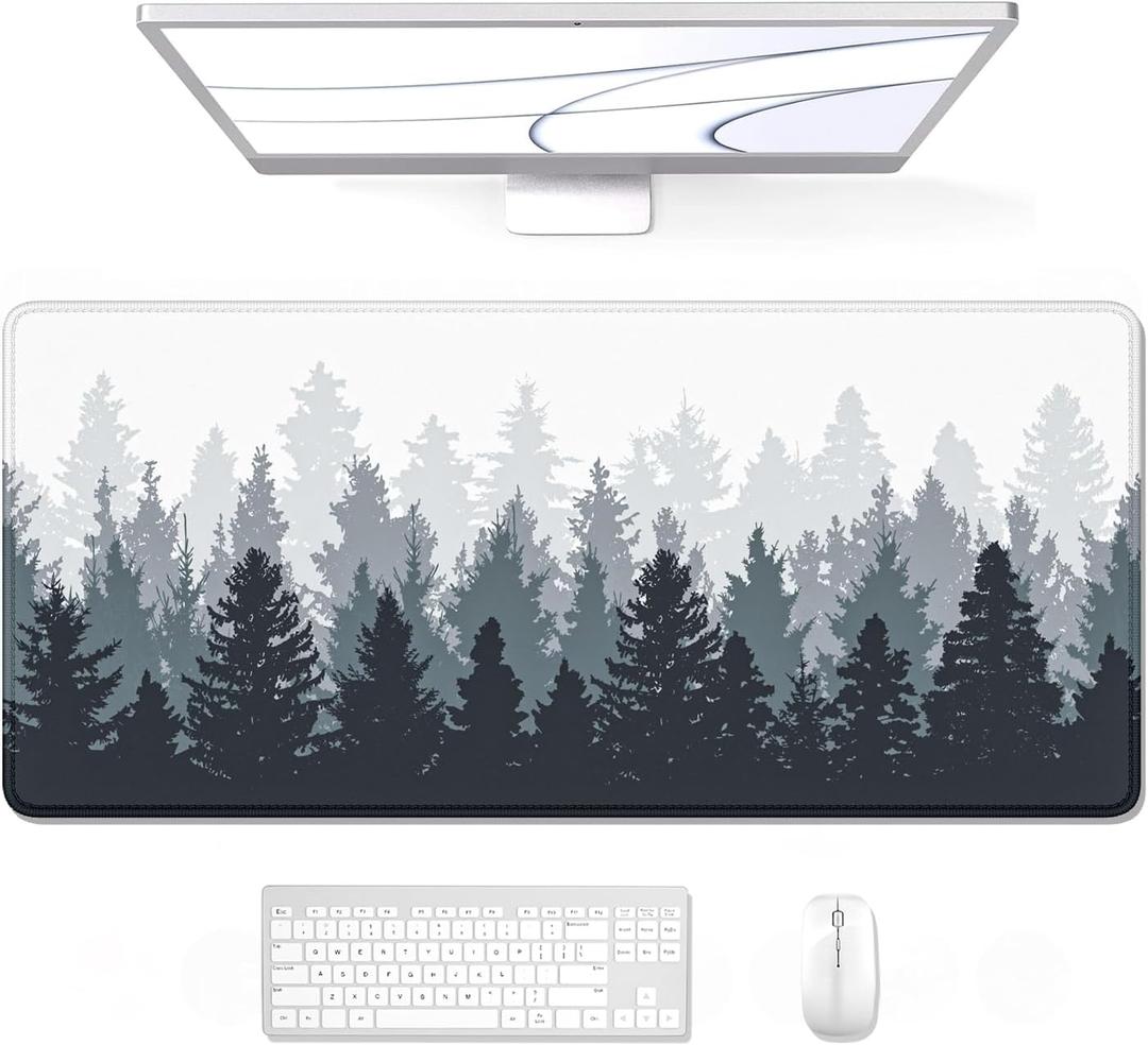 Auhoahsil Large Gaming Mouse Pad, Forest Theme XXL 35.4 x 15.7 in Desk Pad Stitched Non-Slip Rubber Long Computer Mousepad Thin Extended Full Size Desk Mat for Desktop, Laptop, Wireless Mice, White (01 Misty Forest)
