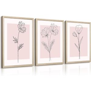 Pink Wall Art Pictures Decor Blush Pink Flower Canvas Painting Floral Botanical Wall Art Girl Room Poster Aesthetic Coquette Artwork for Bedroom Office Bathroom 16x24 Inch Framed Set of 3