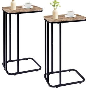 KJGKK C Shaped End Table Set of 2, Small Side Table for Sofa and Bed, Couch Tables That Slide Under, Tall Tv Tray Table for Living Room, Bedroom, Greige + Black