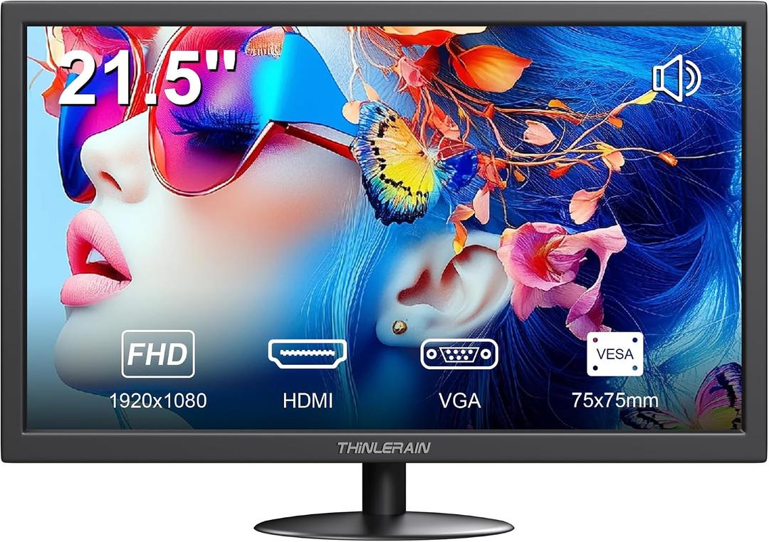 Thinlerian 21.5 Inch Computer Monitor, FHD 1080p HDMI VGA Display, External Second Screen for Laptop & PC, Home Office Monitor with Built-in Speakers & VESA Mount