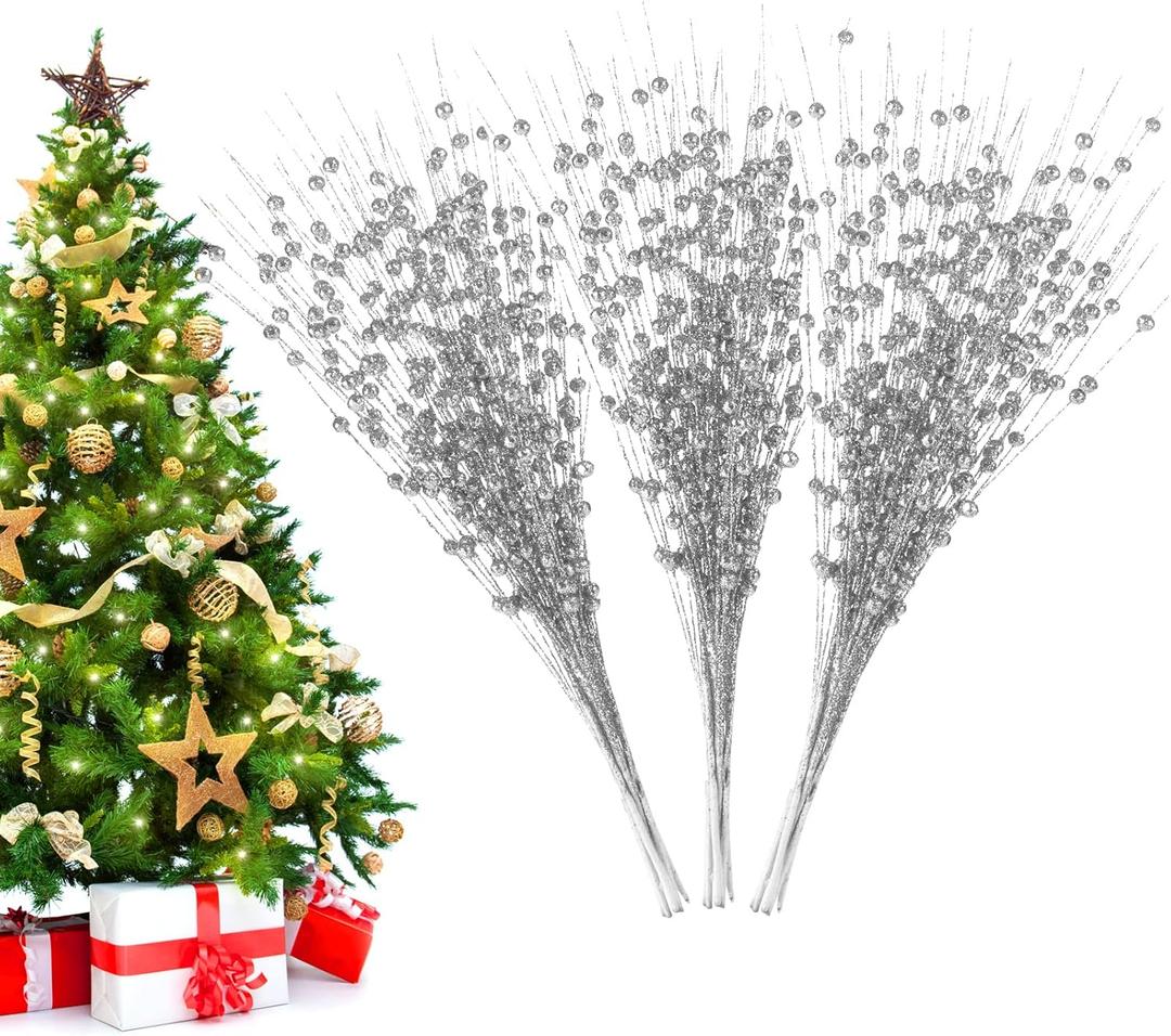 Losris Christmas Artificial Glitter Berry Stem Decorations Decorative Bead Sticks Xmas Picks Glittery Twigs Branches for Christmas Tree Wreath Gift Vase Home Decor Party Ornaments Silver 24 PCS