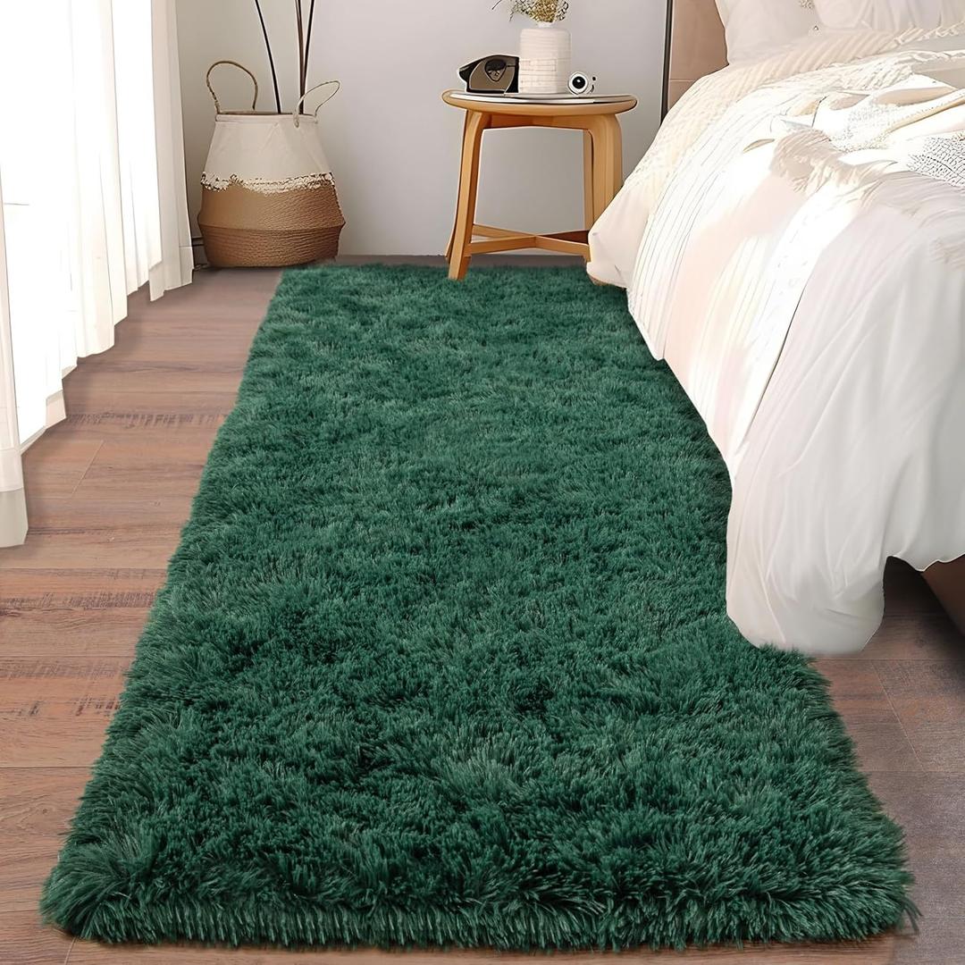 Soft Runner Rugs for Bedroom Hallways, 2 Packs 2x6 Green Fluffy Shag Throw Area Rug Non Slip for Bedside Dorm, Long Shaggy Furry Carpet for Nursery Living Room