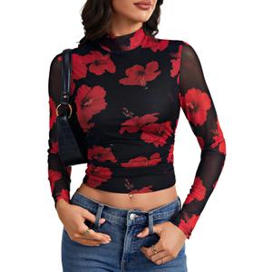 LYANER Women's Floral Mesh Long Sleeve Sheer Mock Neck Slim Fit Going Out Tee Crop Tops (Black, XL)