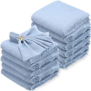 Buryeah 48 Pcs Cotton Linen Cloth Napkins with Fringe 16.5 x 16.5 Inch Square Rustic Dinner Linen Napkins Bulk for Wedding Party Banquet Dinner(Dusty Blue)
