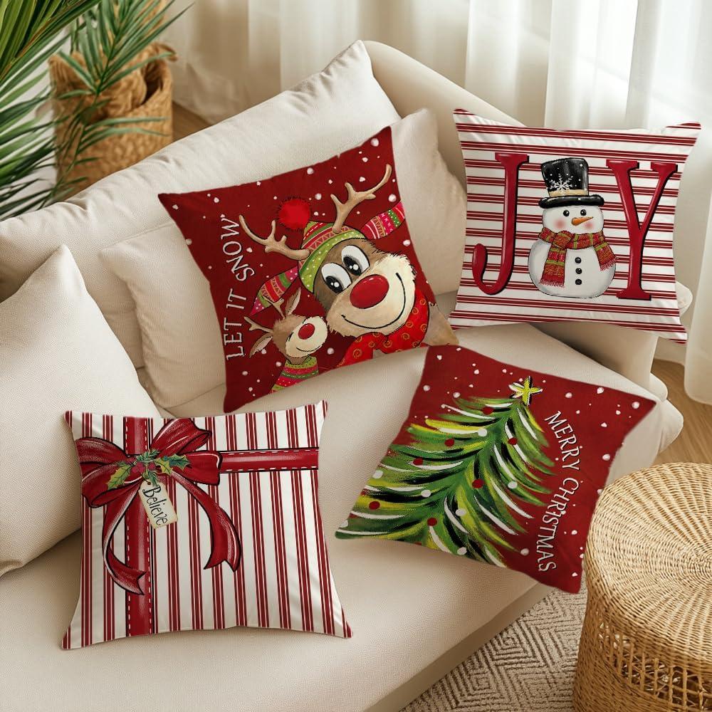Christmas Decorative Throw Pillow Covers, 18x18 inch, Set of 4, Red Holiday Design with Reindeer and Snowman, 100% Polyester, Christmas Pillow Covers