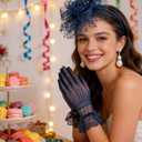 1920s Vintage Fascinators Hat Set for Women Tea Party Hats Veil Mesh Feather Headband Lace Gloves Set (Blue)