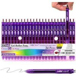 [24 Pens - Purple Ink] Think2 0.7mm CGI Retractable Gel Pens. (24 Purple) Medium Point Rollerball Pens with Smooth Quick Drying Ink.