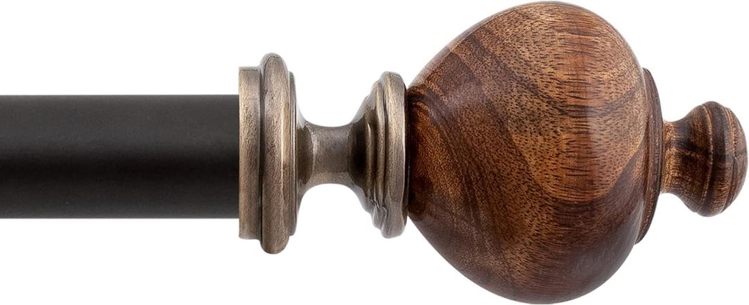 Deco Window Adjustable Brown Curtain Rods for Windows 36 to 66 Inch Heavy Duty 1 Inch Drapery Rods with Natural Wood Finials