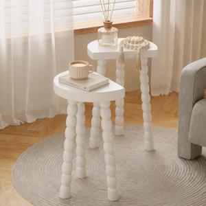 LitaEther Bobbin Side Table, Solid Wood Half Moon End Table, Small Wooden Accent Table with Chunky Turned Legs, Plant Stand for Living Room Bedroom Entryway, Modern Farmhouse Bedside Table, White, 11.8" x 7.9" x19.5"