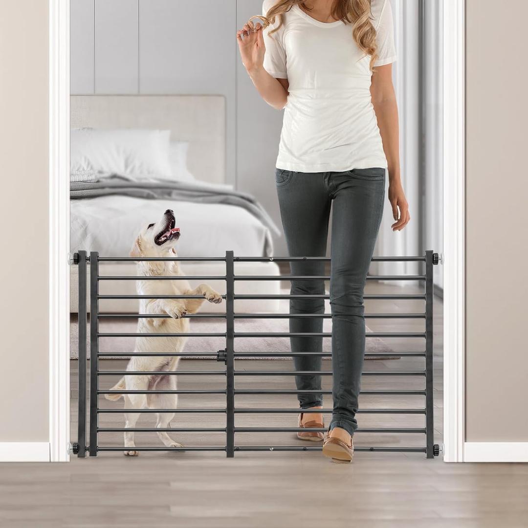 Malier Indoor Dog Gate with Door, 26-41" Extra Wide Full Metal Pet Gate Short Dog Gate for Stairs, Pressure Mount 24'' Tall Small Puppy Gate, Easy Step Over Low Gate for Doorways (Black)