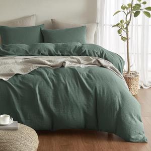 SE SOFTEXLY Muslin Duvet Cover Oversized King Size, 100% Washed Cotton Duvet Cover Set, Ultra Soft Comforter Cover Linen Like, 3 Pieces Gauze Duvet Cover with 2 Pillowcases, 98"x120", Forest Green