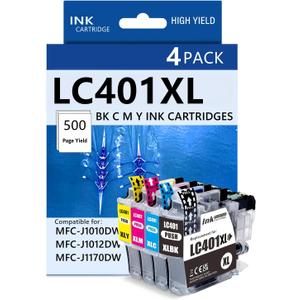 4 Pack 401XL Ink Cartridges Compatible with Brother LC401XL LC401 MFC-J1010DW Ink Cartridges for MFC-J1010DW MFC-J1170DW MFC-J1012DW MFC-J1800DW Printer High Yield Black Cyan Magenta Yellow Ink Tanks