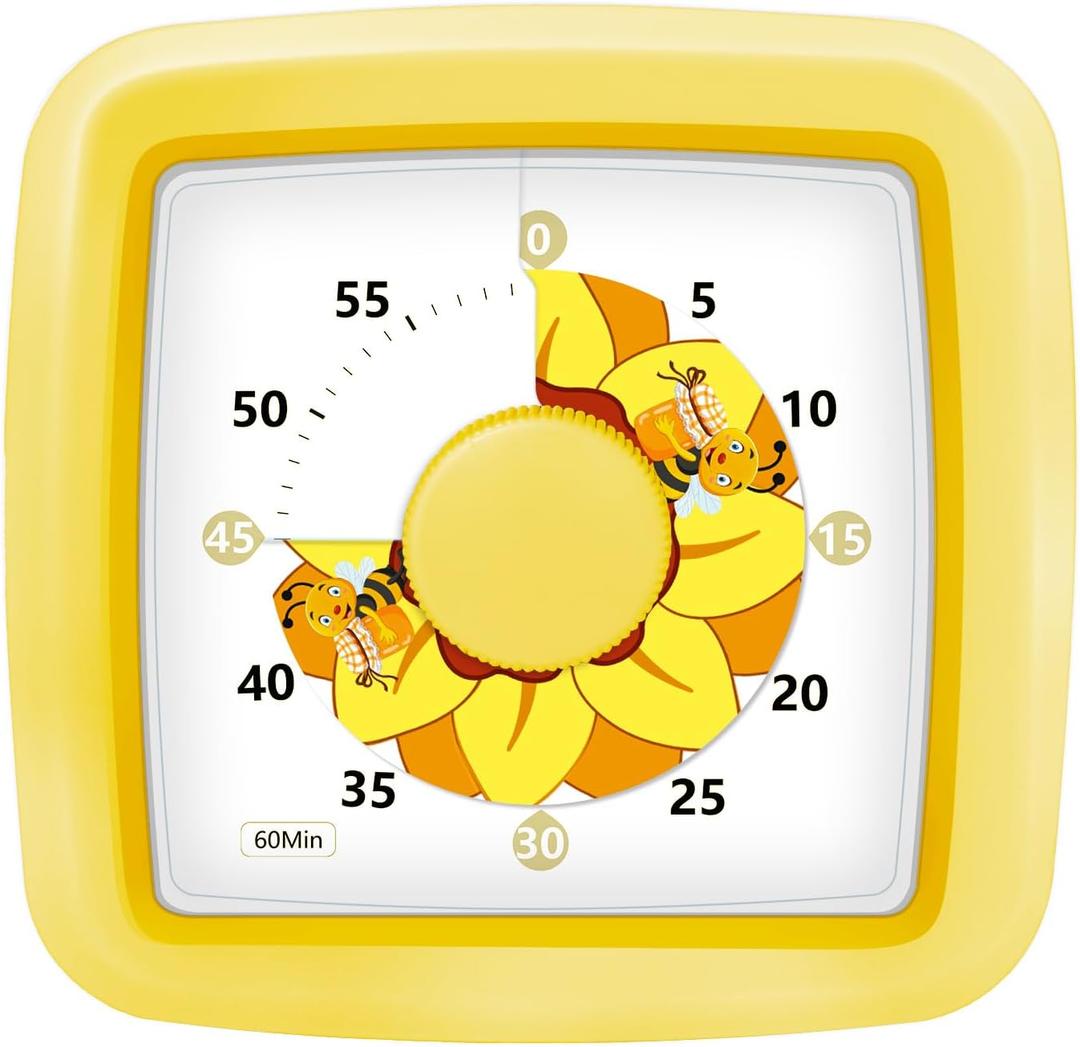 Kids Visual Timer 60 Minute Countdown Visual Timer for Kids, Kitchen Timer for Cooking Classroom, Silent Mini Timer with Sunflower Cute Bee Pattern, Gift for Special Needs Adult Focus,Yellow