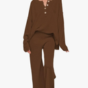 Women's 2 Piece Fall Outfit Lounge Set Long Sleeve Button Pullover Sweater Matching Wide Leg Pants Knit Sweatsuit, Brown