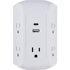 GE UltraPro 5-Outlet Extender with USB and USB-C Port, Surge Protector, Spaced Wall Tap, Side-Access, Charging Station, for iPhone/iPad/Samsung Galaxy/Google Pixel, 560 Joules, UL Listed, White, 43650