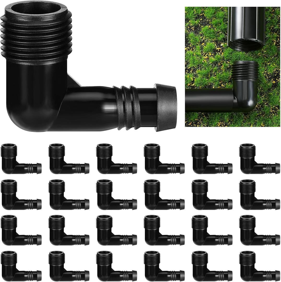 25 Pack Riser Fitting, 1/2" Male Pipe Thread x 1/2" Barb, 90 Degree Garden Hose Elbow, Drip Line Connectors for Drip Sprinkler Garden Systems (L Shape)