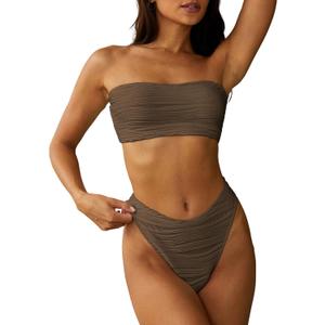 ZAFUL Women Strapless Textured Bandeau Bikini 2 Piece Swimwear Cheeky Solid Lace up Bathing Suits(1-Deep Coffee-CH, XL)