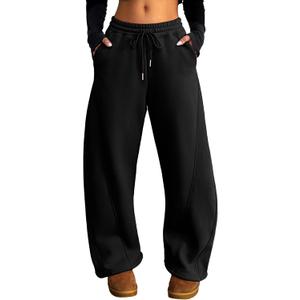 ELLEVEN Women's Fleece-Lined Barrel Leg Sweatpants Pants Casual with Adjustable Ankle Drawstring & Pockets (Medium, Black)