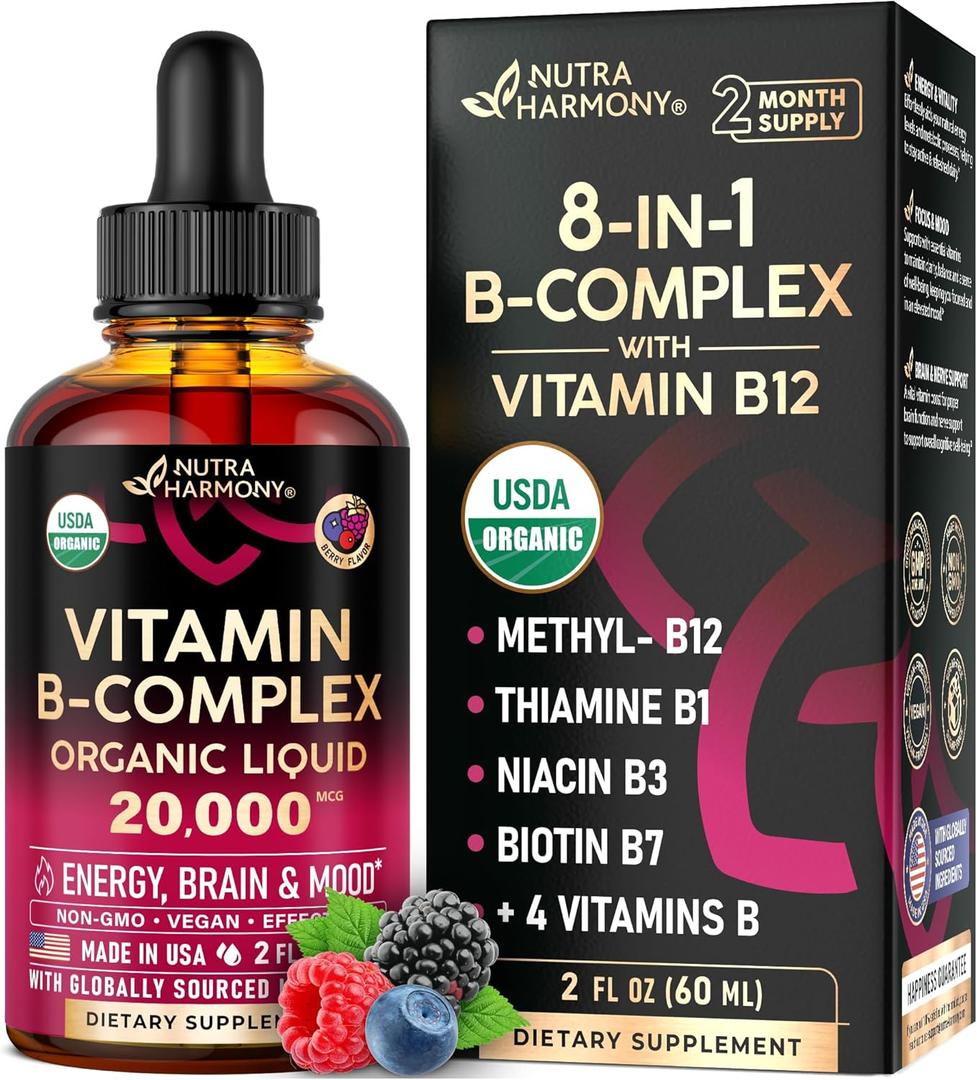 USDA Organic Vitamin B-Complex B5 Pantothenic Acid | B12 Methylcobalamin | B1 Thiamine | B6 Pyridoxine | B7 Biotin | B9 Folic | B3 Niacinamide - B Complex Liquid Drops, Made in USA Supplement, 2fl oz