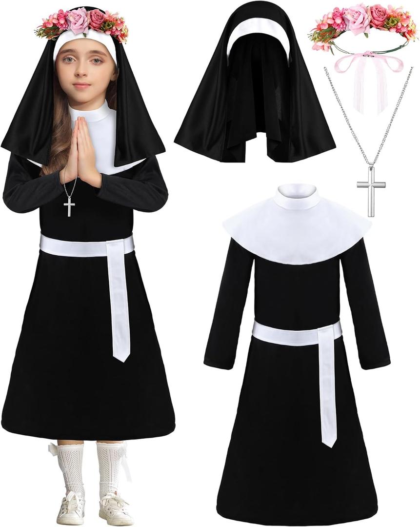 Maiteenly Halloween Nun Costume Set with Cross Necklace and Rose Wreath St Rose of Lima Halloween Nun Outfit for Girls, Size M