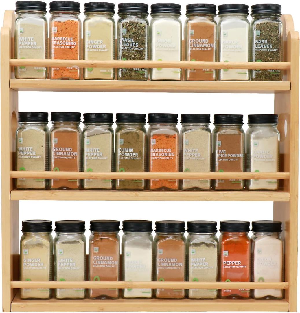 3 Tier Bamboo Spice Rack, Spice Rack Organizer, Seasoning Jars Rack Shelf Spice Organizer for Kitchen Counter or Wall Mounting, Spice Storage Holder with handles, Jars Not Included,Natural, 5.11"D x 15.74"W x 16.53"H