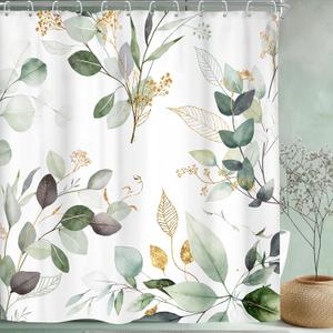 Riyidecor Extra Long Sage Green Shower Curtain 72Wx84H, Eucalyptus Golden Leaf Spring Botanical Bathroom Curtains, Watercolor Farmhouse Shower Curtain Sets with 12 Hooks Ideal for Bathroom Decor
